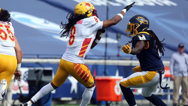 Apr 15, 2023; Memphis, TN, USA; Philadelphia Stars defensive back Channing Stribling (8) returns an interception during the first half against the Memphis Showboats at Simmons Bank Liberty Stadium. Mandatory Credit: Petre Thomas-USA TODAY Sports  